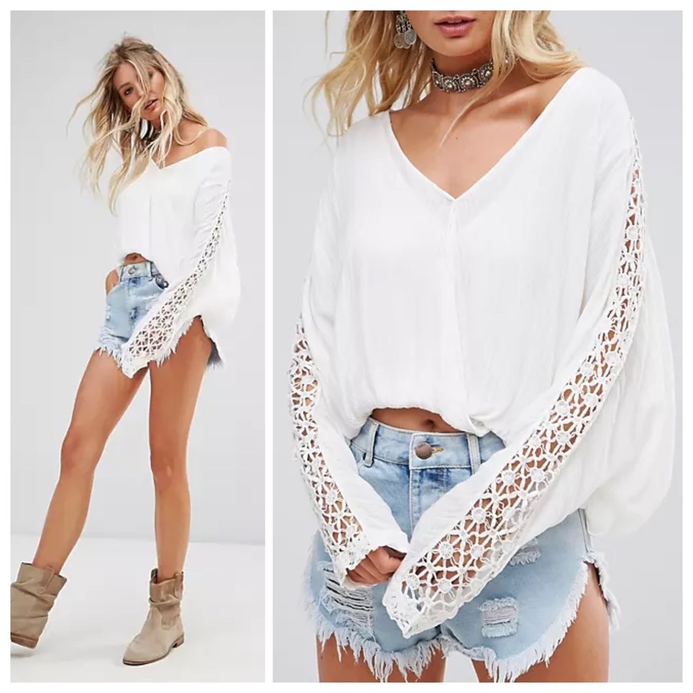 Free People Runaway Crochet Lace Sleeve Blouse Top